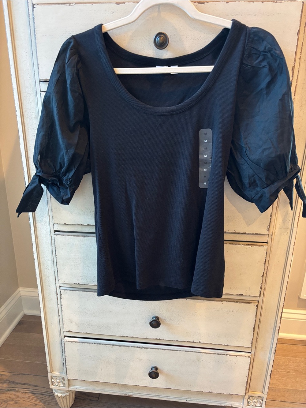 GAP Black Puff Sleeve Tie-Detail Top